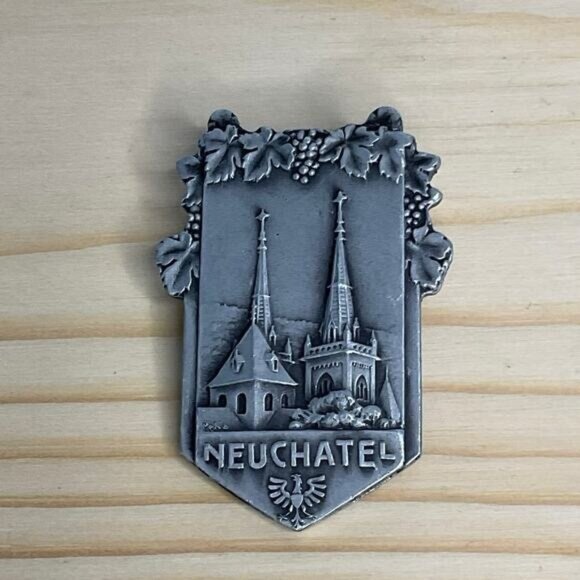 Vintage Paul Kramer Neuchatel Pewter Souvenir Pin Brooch Gothic Church Detailing - Picture 1 of 4